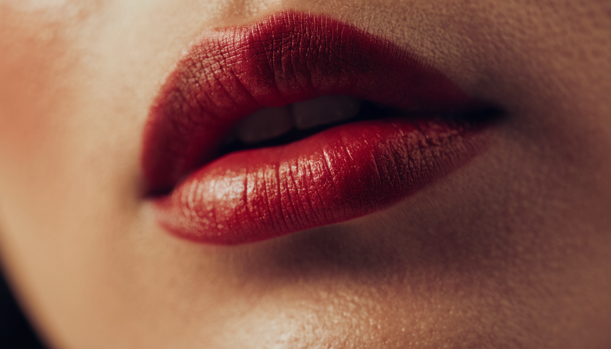Close-up of lips wearing a deep warm crimson satin lipstick