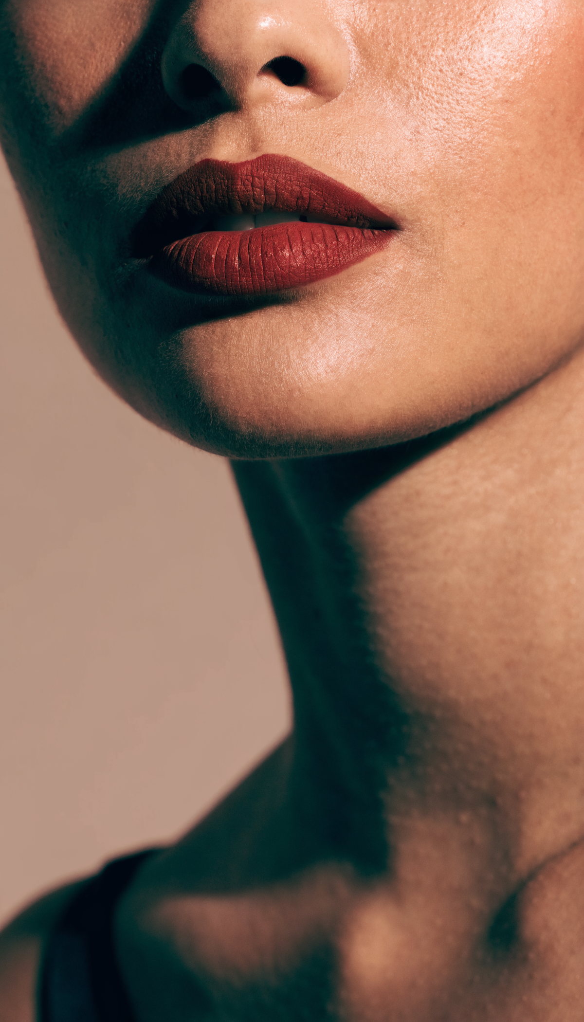 Portrait of a woman wearing a brick red matte lipstick